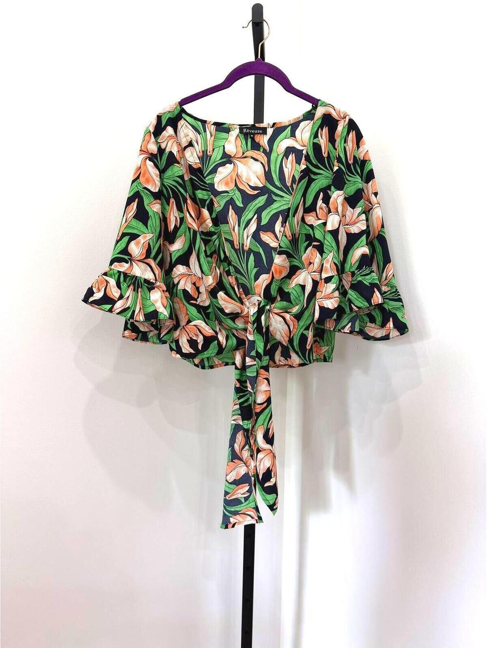 Reveuse Medium Floral Print Wrap Top with Ruffle Sleeves